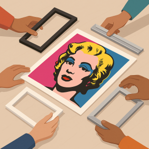 Manos seleccionando distintos marcos para imprimir arte pop estilo Warhol.