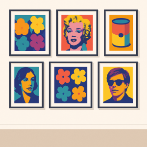 Galería doméstica con varias obras pop art alineadas simétricamente estilo Warhol.