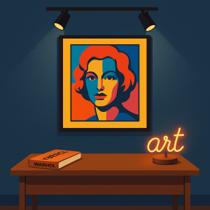 Iluminación de galería sobre cuadro pop art con detalles decorativos inspirados en Warhol.