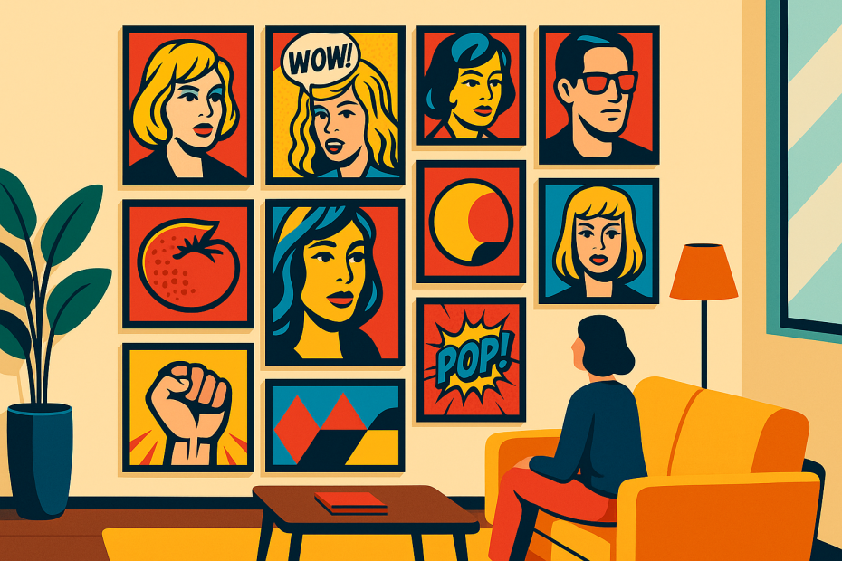 Pared decorada con pósters Pop Art coloridos en un salón moderno.