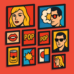Galería mural con pósters Pop Art en diferentes tamaños y colores.