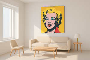 Interior minimalista con gran póster Pop Art sobre pared blanca.