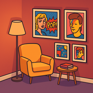 Rincón de lectura decorado con pósters Pop Art y luz cálida.