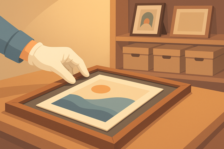 Mano con guantes enmarcando una lámina artística bajo luz cálida en ambiente de conservación.