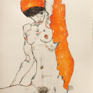 Egon Schiele (1890-1918) (after) - "Standing Nude with Orange Drapery, 1914"